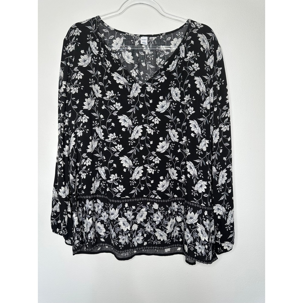 Old Navy‎ Tunic Top Womens Size L Floral Long Sleeve V-Neck Black White Boho